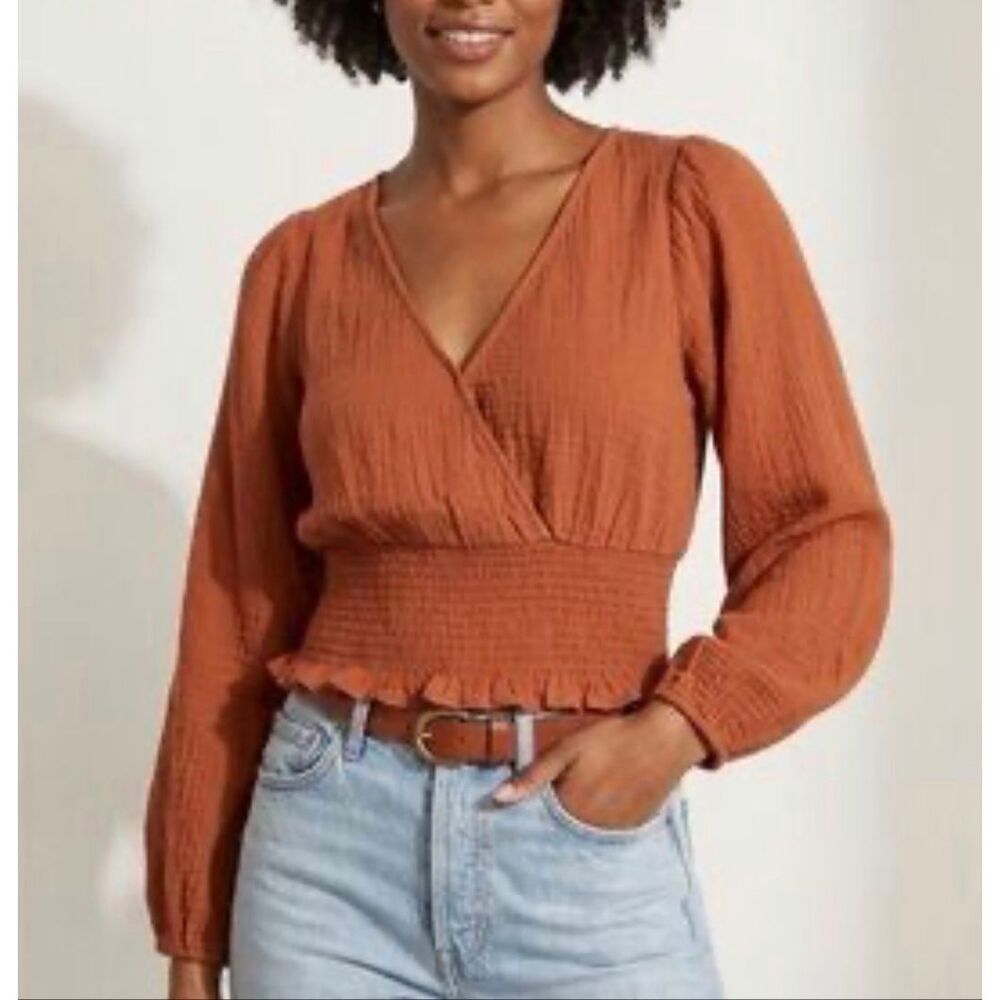 NWT Madewell Blouse Top Gauze Small Burnt Clay Julianne Lightspun Smocked Waist
